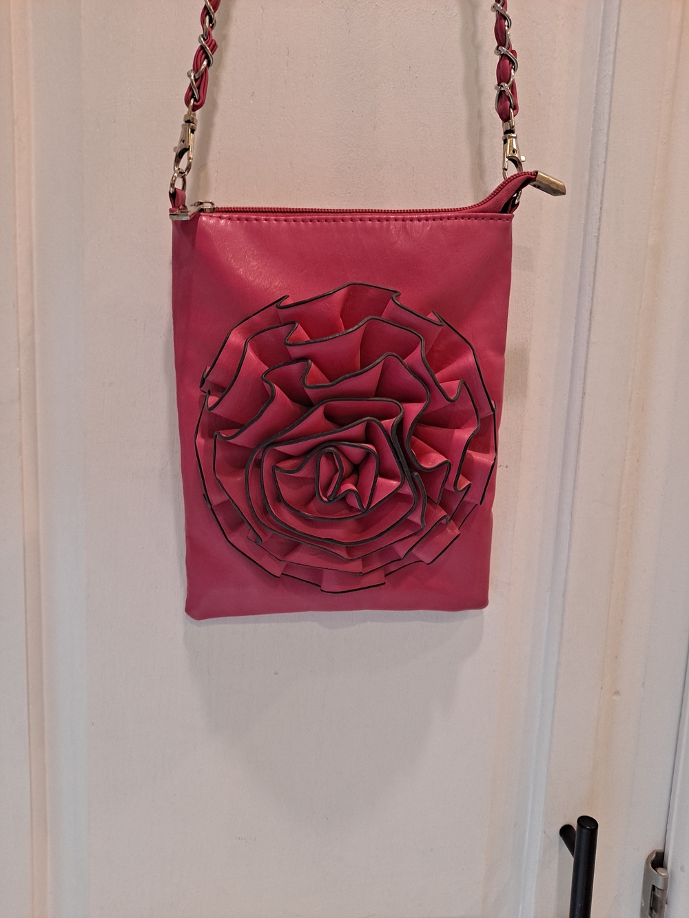 Bottari Hot Pink Fuschia Rosette Floral Applique Vegan Leather Crossbody Bag